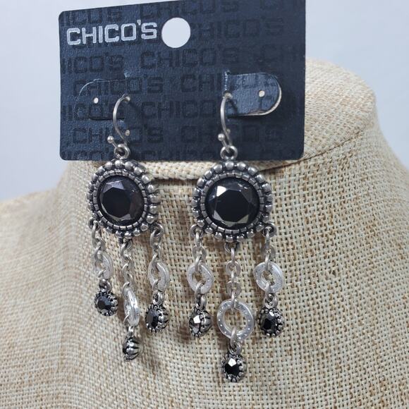 Vintage Chico's Earrings Black w/ Silver Tone 2.5 Inch Dangle Drop NEW - Picture 2 of 3